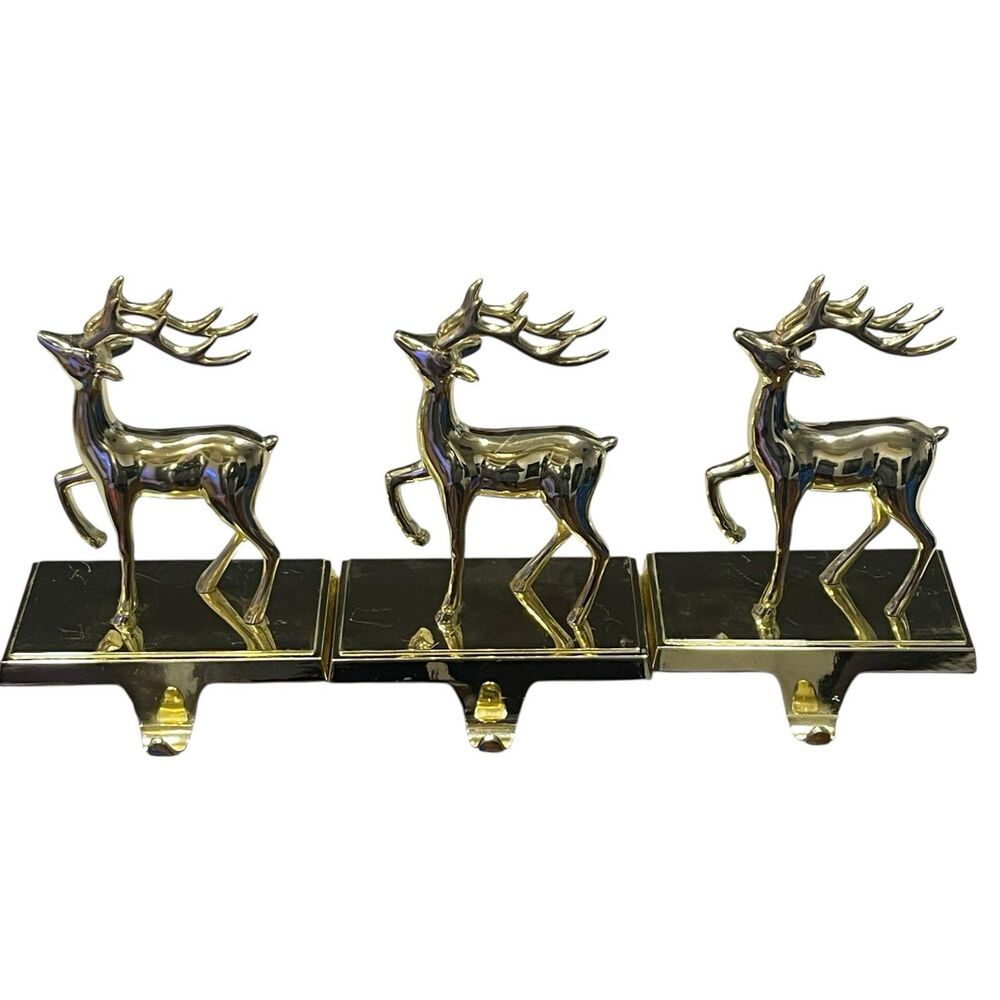 Christmas Stocking Holder Gold Metal Deer Prancing Reindeer 5x3” Base 6.5” Tall
